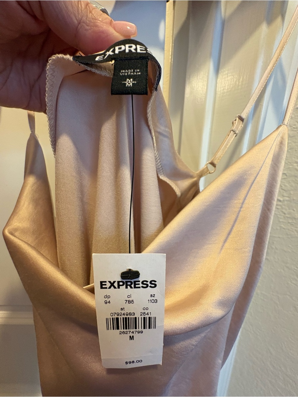 NWT Express Champagne Satin Slip Midi Dress | Cowl Neck | Adjustable Straps - Picture 3 of 5